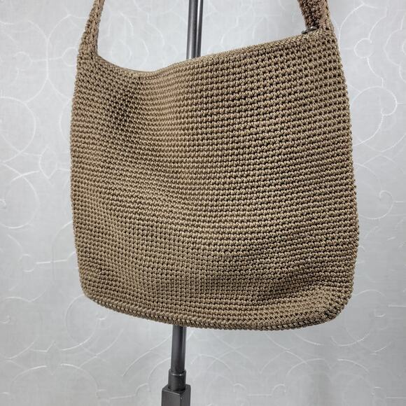 Vintage Sak Crochet Shoulder Bag 10" Dark Tan Nylon Ladies Handbag Pockets - Picture 11 of 16